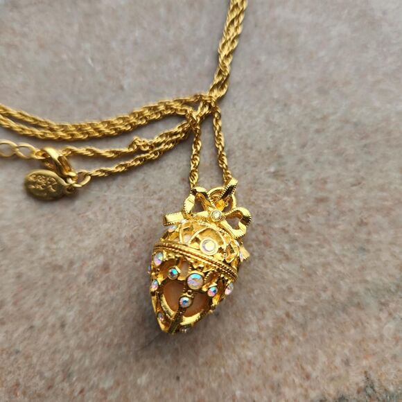 Faberge Egg Pendant Necklace Earrings Set Joan Rivers Jewelry Locket Rhinestone - Picture 2 of 12